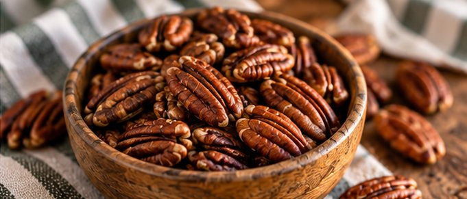 A wooden bowl full of roasted pecan halves